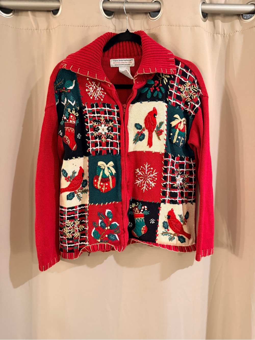 Tiara International Red Holiday Zip-Up Patchwork Sweater